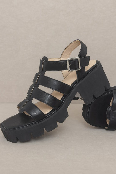 RARA Boutique Lug Sole Heeled Gladiator Sandals with multiple straps and buckle details, stylish and trendy footwear for women.