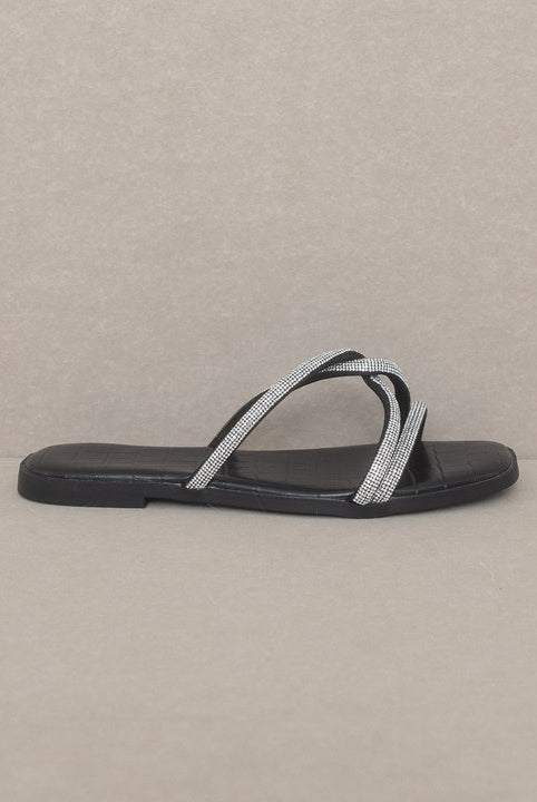 RARA Boutique strappy rhinestone sandals with open toe and ankle straps, stylish footwear for summer or special occasions.