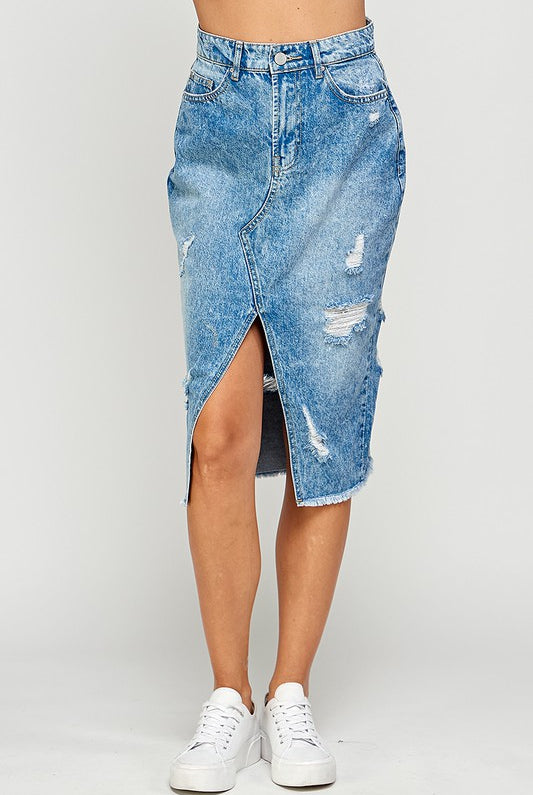 Long Denim Skirt with Distressed - Rara Boutique