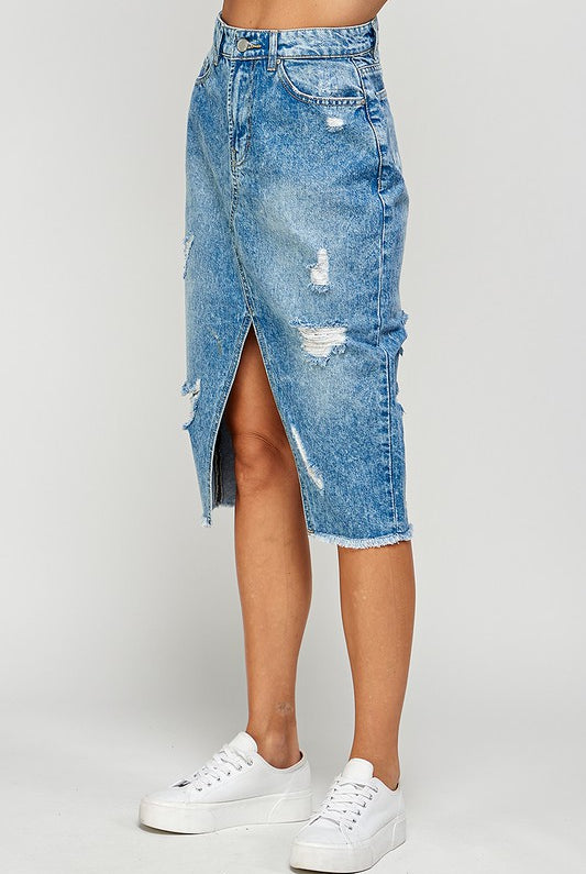 Long Denim Skirt with Distressed - Rara Boutique