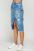 Long Denim Skirt with Distressed - Rara Boutique
