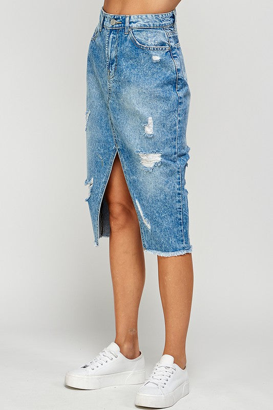 Long Denim Skirt with Distressed - Rara Boutique