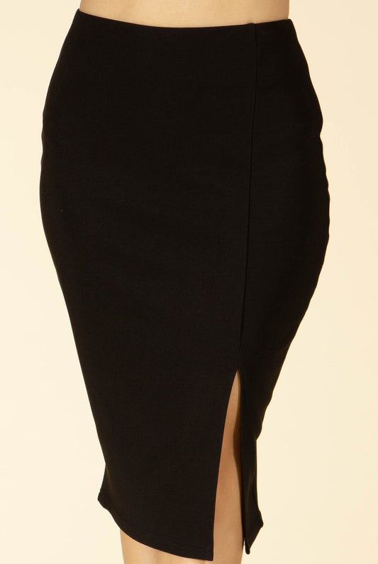 Black Scuba Crepe Pencil Dressy Skirt with Thigh Split - Rara Boutique