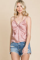Glossy Grid Print Twist Neck Slip Tank Top Cami - Rara Boutique