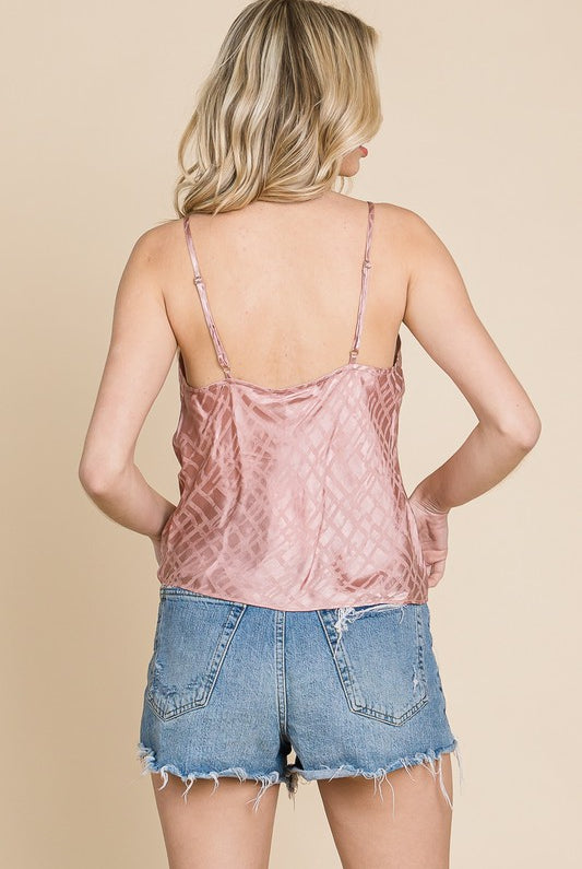 Glossy Grid Print Twist Neck Slip Tank Top Cami - Rara Boutique