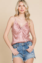 Glossy Grid Print Twist Neck Slip Tank Top Cami - Rara Boutique
