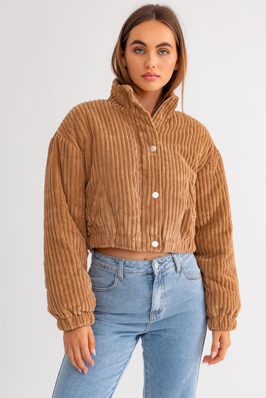 Le Lis cropped corduroy puffer jacket by RARA Boutique, showcasing its stylish design and textured fabric.