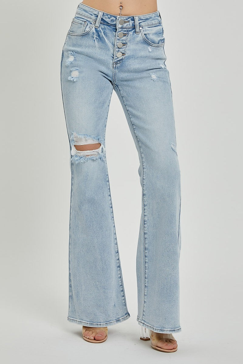 Mid Rise Button Fly Flare Jeans - Risen - RARA Boutique