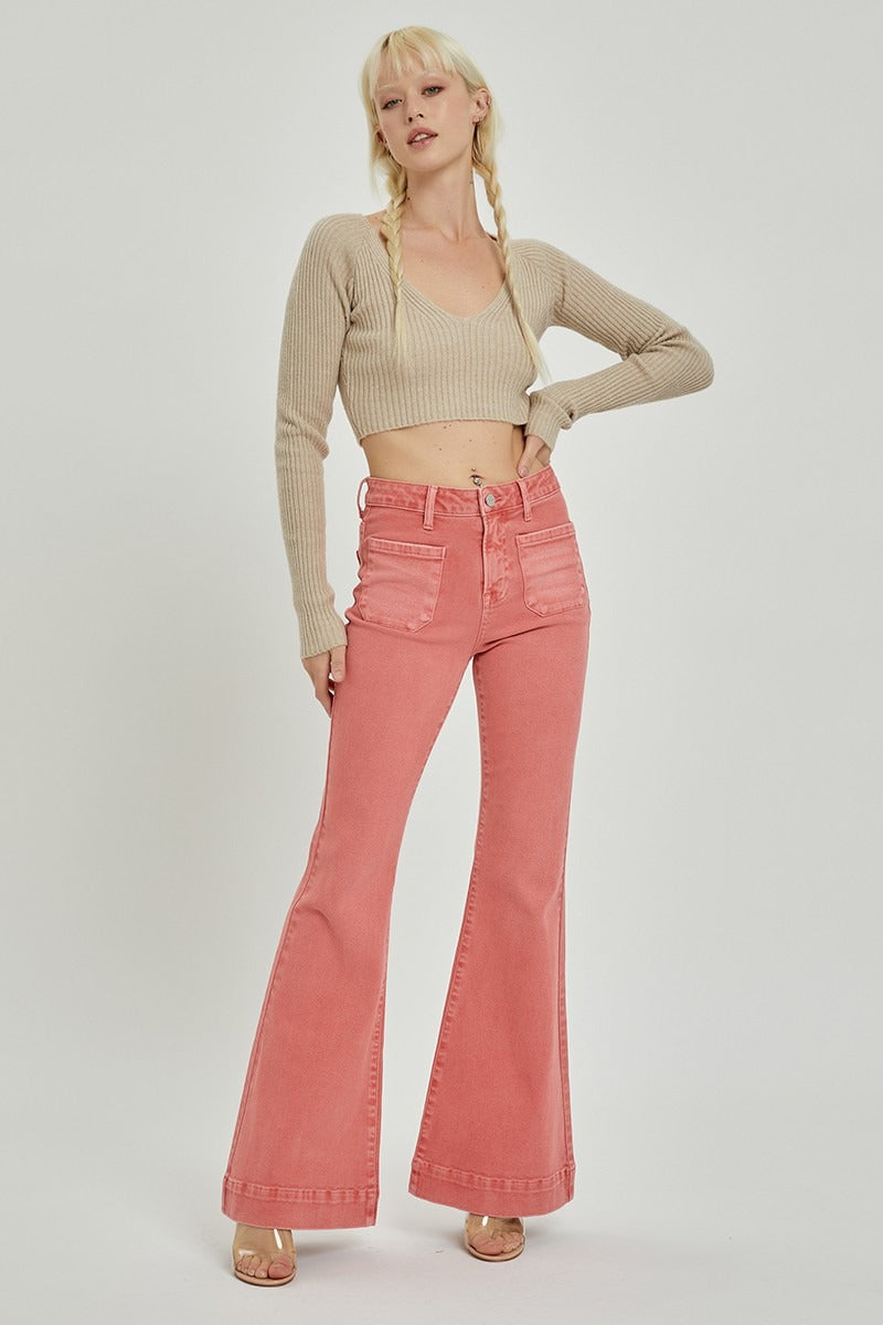 High Rise Patch Pocket Bell Bottom Jeans - Risen - RARA Boutique