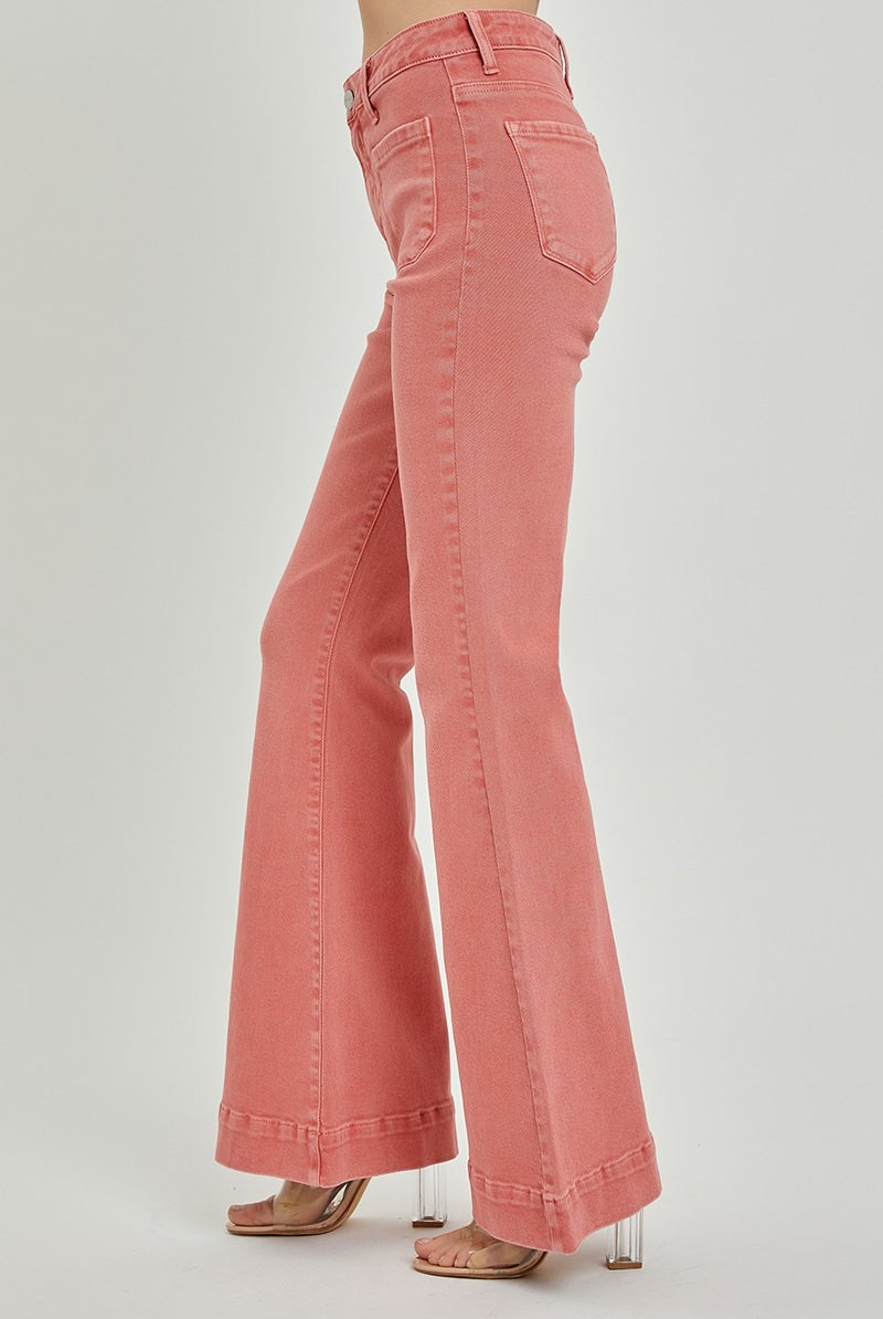 High rise patch pocket bell bottom jeans by RARA Boutique, featuring classic denim with wide leg and retro style.