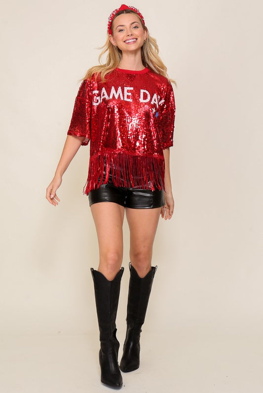 Sequin Game Day Fringe Top - RARA Boutique