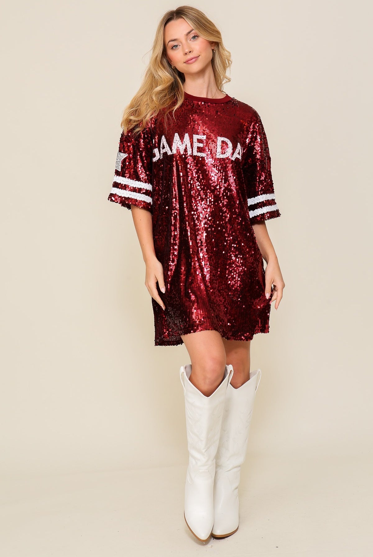 Sequin game day jersey shirt dress by RARA Boutique featuring a stylish, shimmering design perfect for sports events and casual wear.