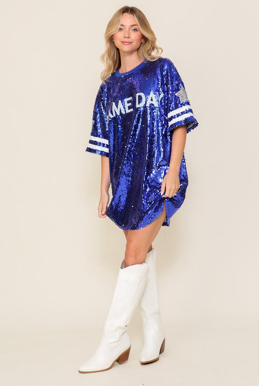Sequin game day jersey shirt dress by RARA Boutique featuring a shiny, sporty design with long sleeves and a relaxed fit.