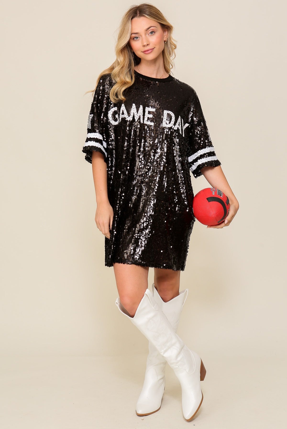 Sequin Game Day Jersey Shirt Dress by RARA Boutique, featuring a stylish, sparkly design perfect for sports events and casual wear.