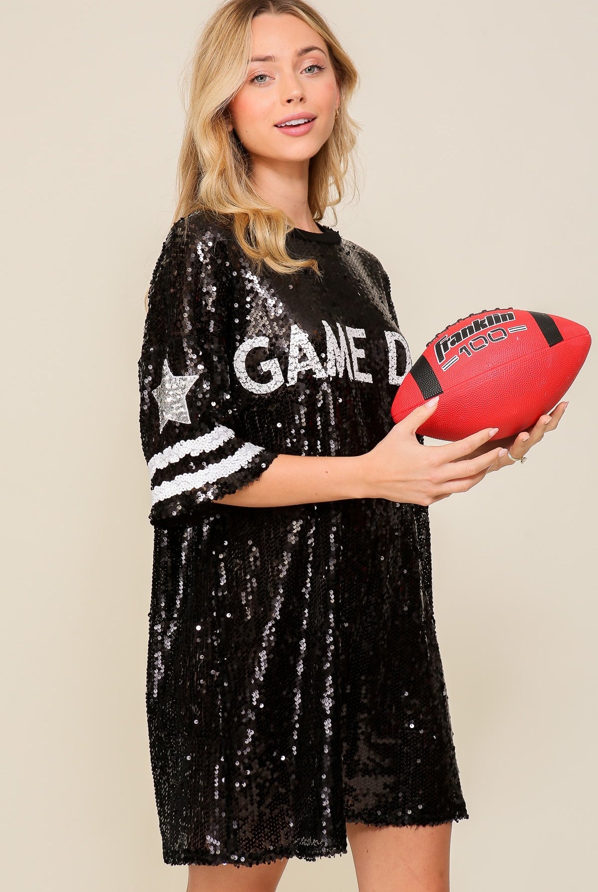 Sequin Game Day Jersey Shirt Dress by RARA Boutique featuring shiny sequins and a relaxed fit, perfect for sports events.
