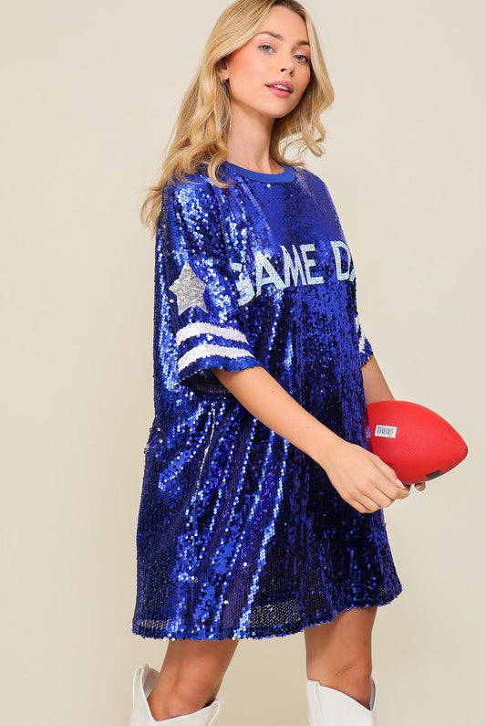 Sequin game day jersey shirt dress by RARA Boutique, featuring a shiny sequined fabric and casual sporty style.