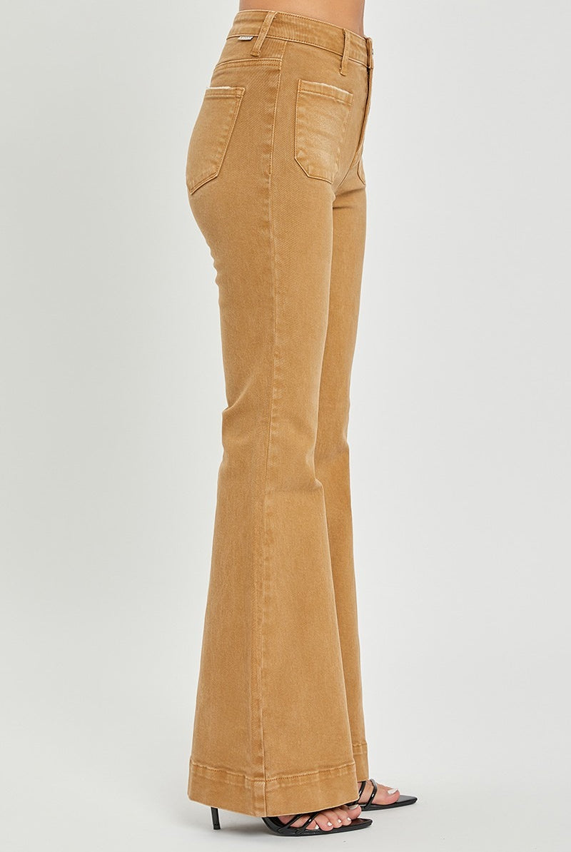 High rise patch pocket bell bottom jeans by RARA Boutique, showcasing classic denim with retro style and wide-leg fit.