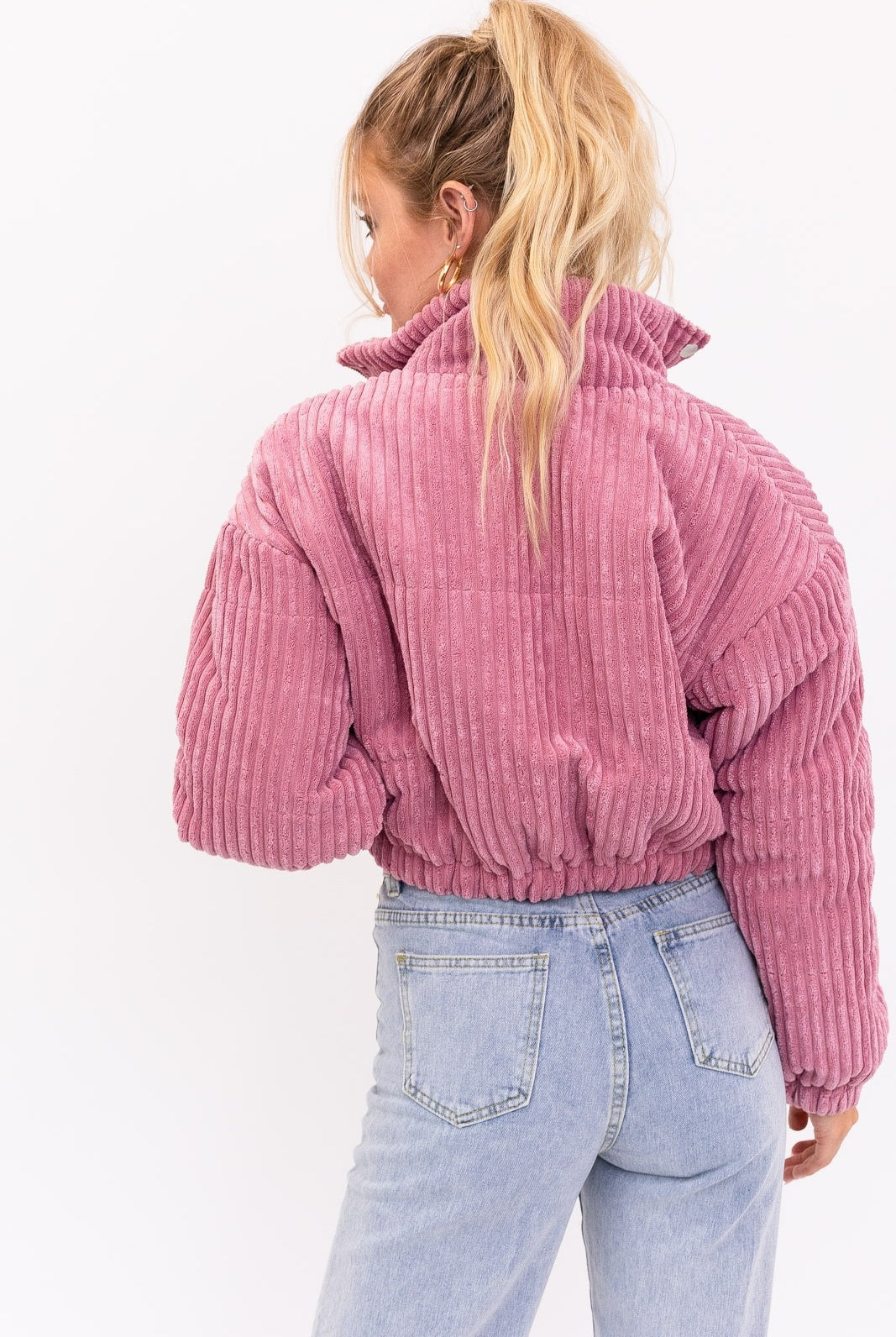 RARA Boutique cropped corduroy puffer jacket with high collar and quilted design, styled on a model.