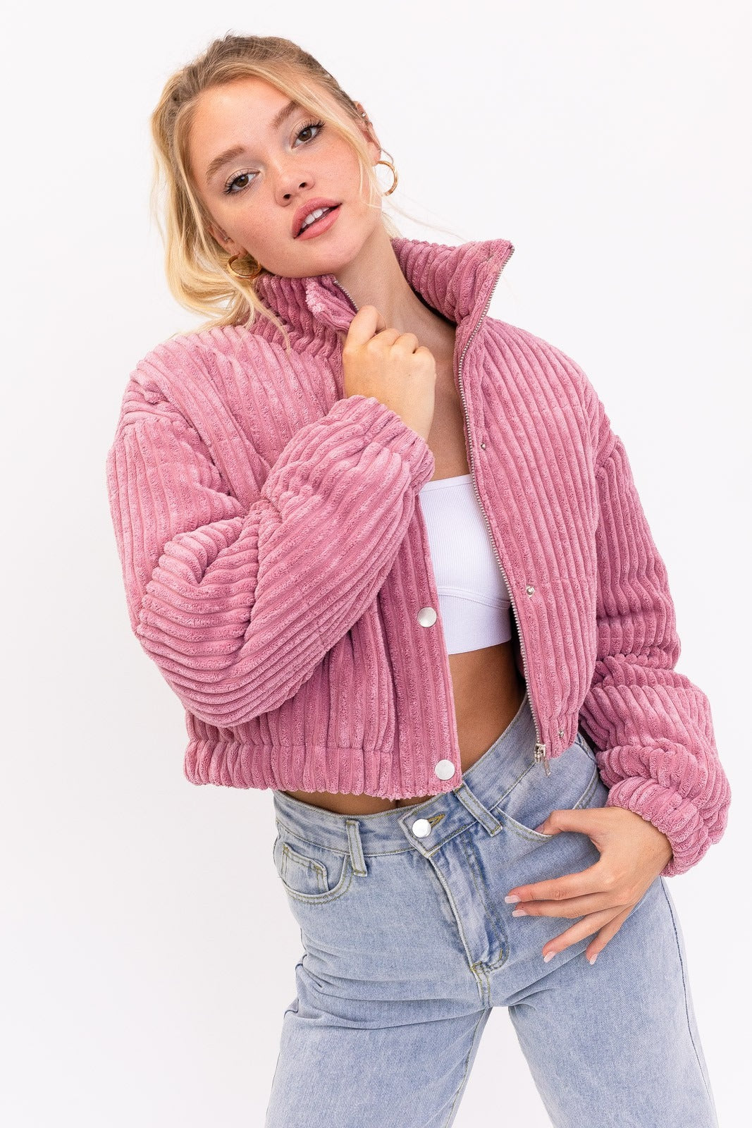 Le Lis cropped corduroy puffer jacket by RARA Boutique, shown in a stylish close-up with textured fabric and puffy design.