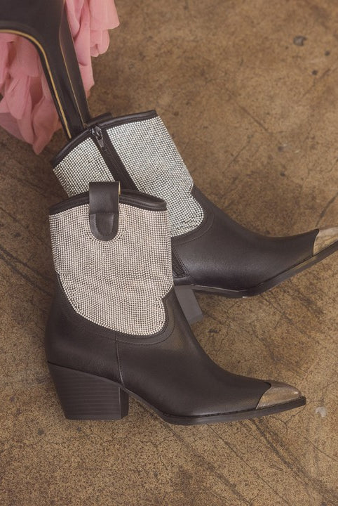 Rhinestone studded Western booties with metal toe by RARA Boutique featuring intricate detailing and a stylish western design.