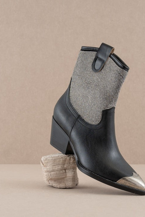 Rhinestone studded RARA Boutique western booties with metal toe, featuring intricate detailing and pointed toe design.