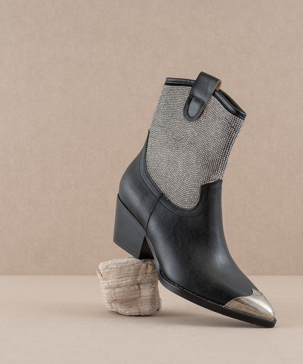 Rhinestone studded RARA Boutique western booties with metal toe, featuring intricate detailing and pointed toe design.