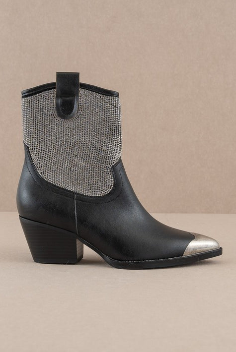 Rhinestone studded Western booties with metal toe from RARA Boutique featuring intricate embellishments and a stylish Western design.