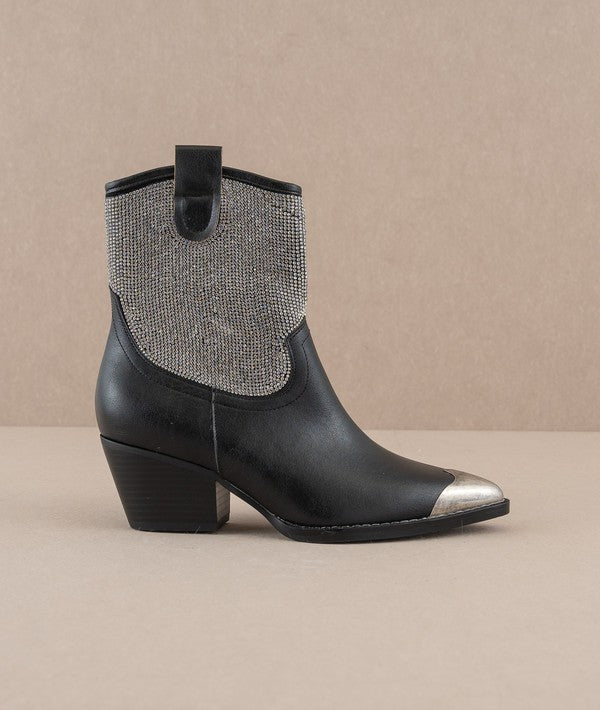 Rhinestone studded Western booties with metal toe from RARA Boutique featuring intricate embellishments and a stylish Western design.
