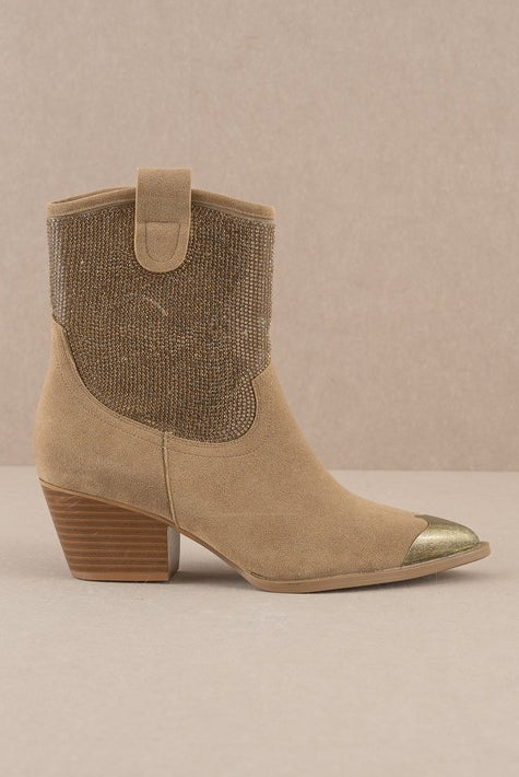 Rhinestone studded western booties with metal toe by RARA Boutique, featuring intricate design and stylish Western-inspired details.