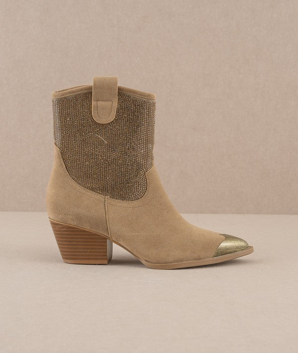 Rhinestone studded western booties with metal toe by RARA Boutique, featuring intricate design and stylish Western-inspired details.