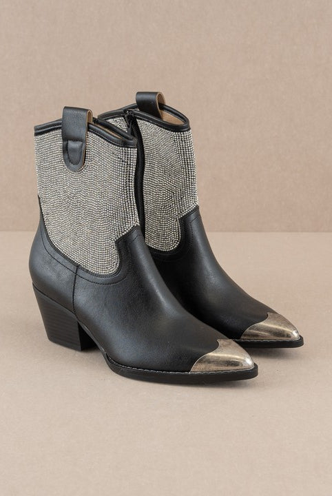 Rhinestone studded western booties with metal toe from RARA Boutique featuring intricate details and a stylish western design.