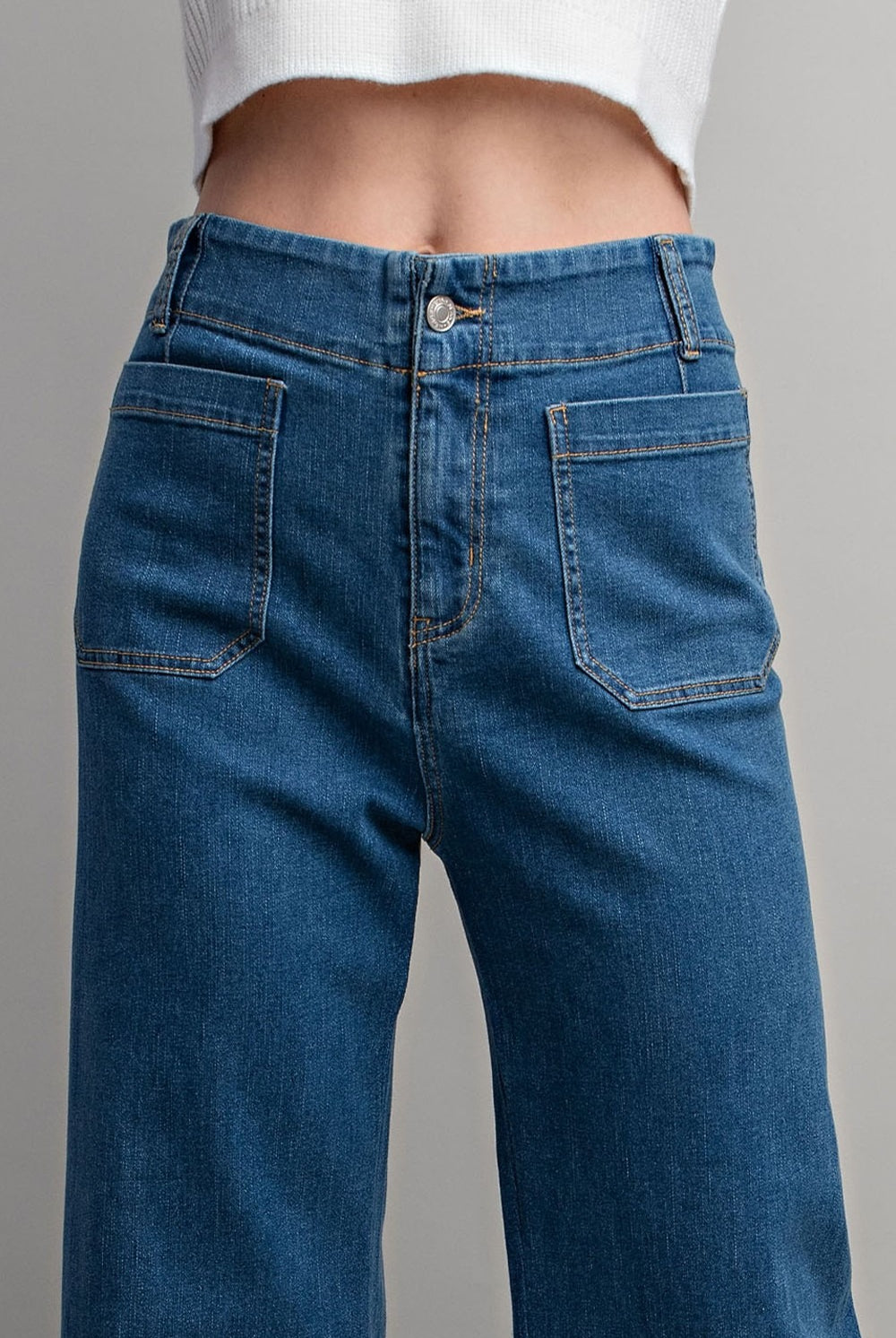 Denim Soft Wash Wide Leg Pants with Patch Pockets - eesome - RARA Boutique