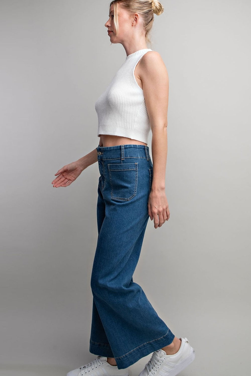 Denim Soft Wash Wide Leg Pants with Patch Pockets - eesome - RARA Boutique