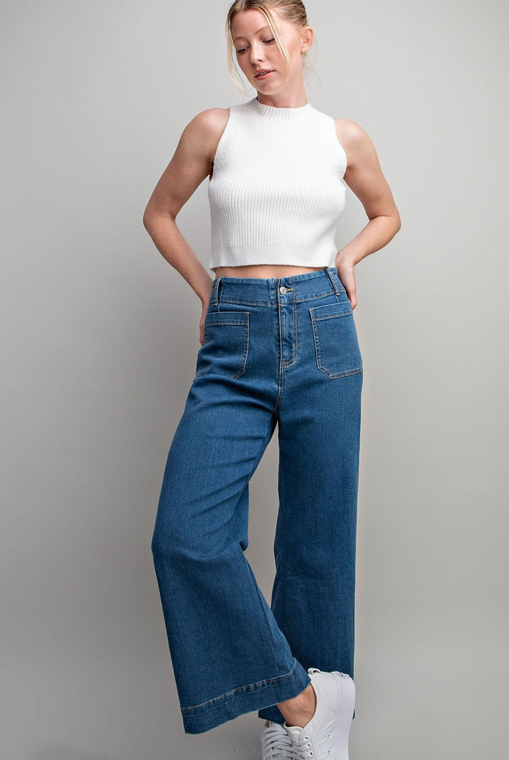 Denim Soft Wash Wide Leg Pants with Patch Pockets - eesome - RARA Boutique