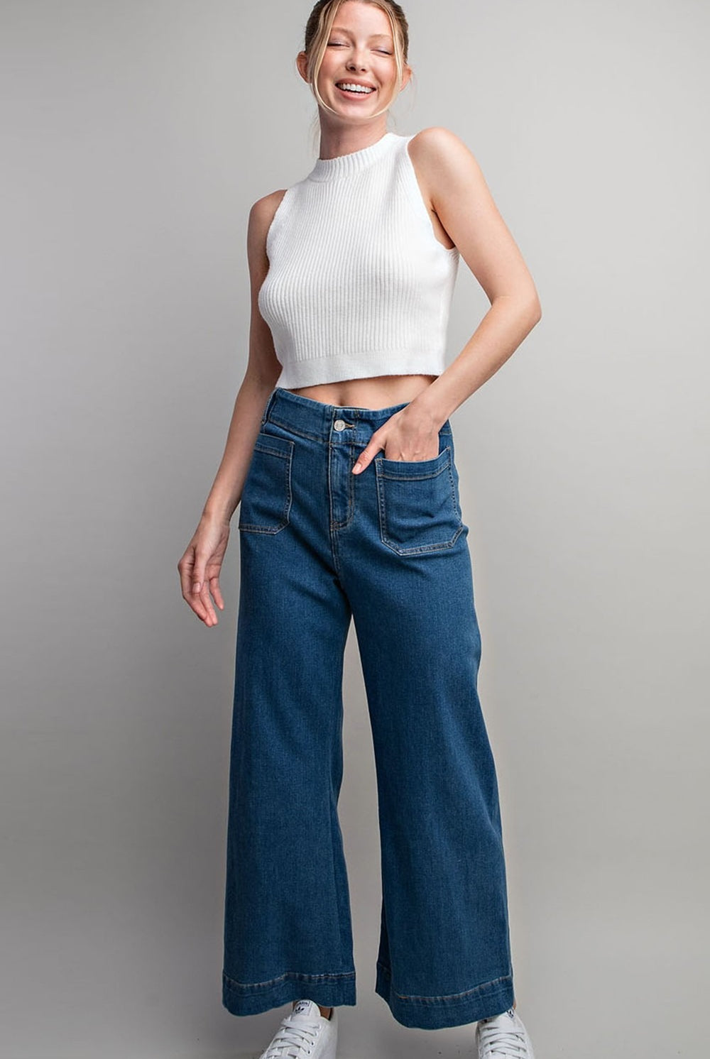 Denim Soft Wash Wide Leg Pants with Patch Pockets - eesome - RARA Boutique