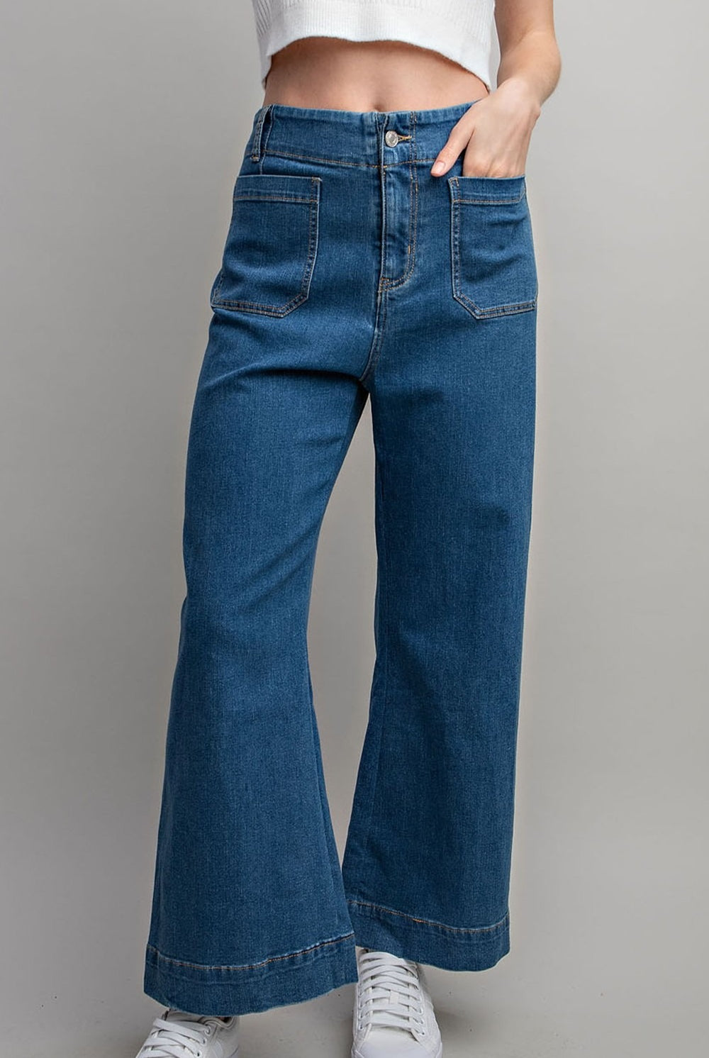 Denim Soft Wash Wide Leg Pants with Patch Pockets - eesome - RARA Boutique