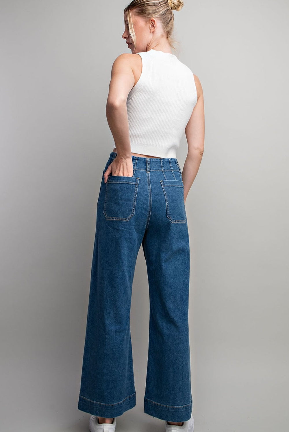 Denim Soft Wash Wide Leg Pants with Patch Pockets - eesome - RARA Boutique