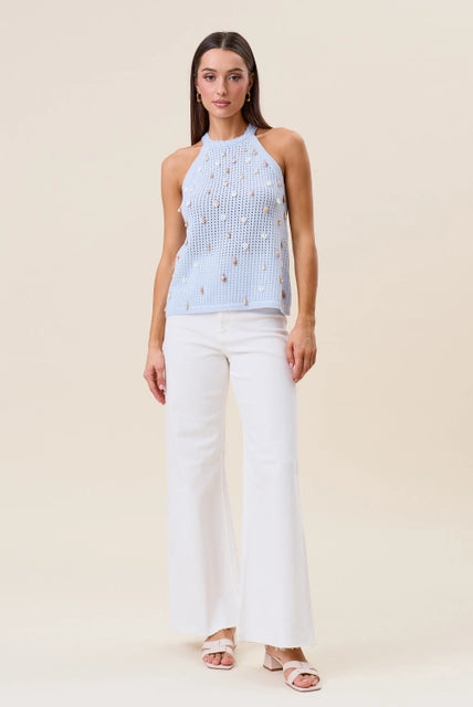 Seashell embellished open-knit halter tank top by RARA Boutique, featuring a stylish design with seashell accents and open knit pattern.