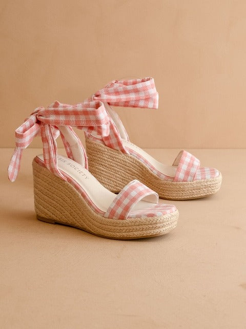 RARA Boutique Gingham Espadrille Wrap Wedge Sandals featuring ankle ties and woven jute sole for summer style.