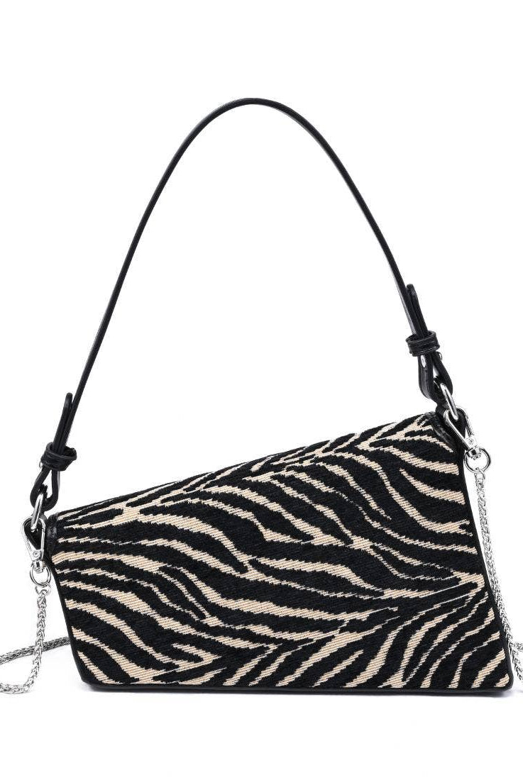 Urban Expressions Fatima zebra shoulder bag with adjustable strap and textured black and white zebra pattern.