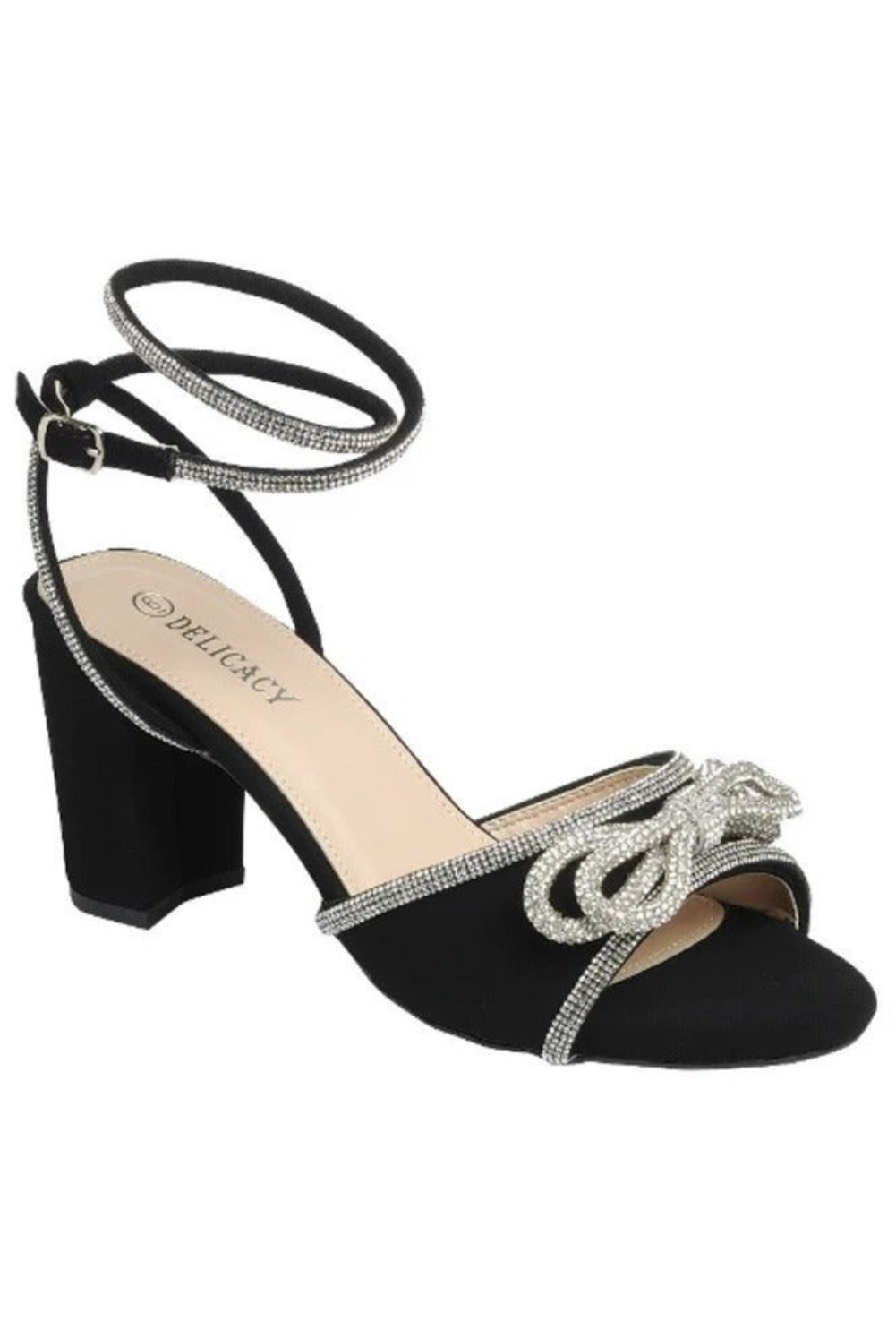 Rhinestone Embellished Bow Lace-Up Block Heels - Delicacy - RARA Boutique