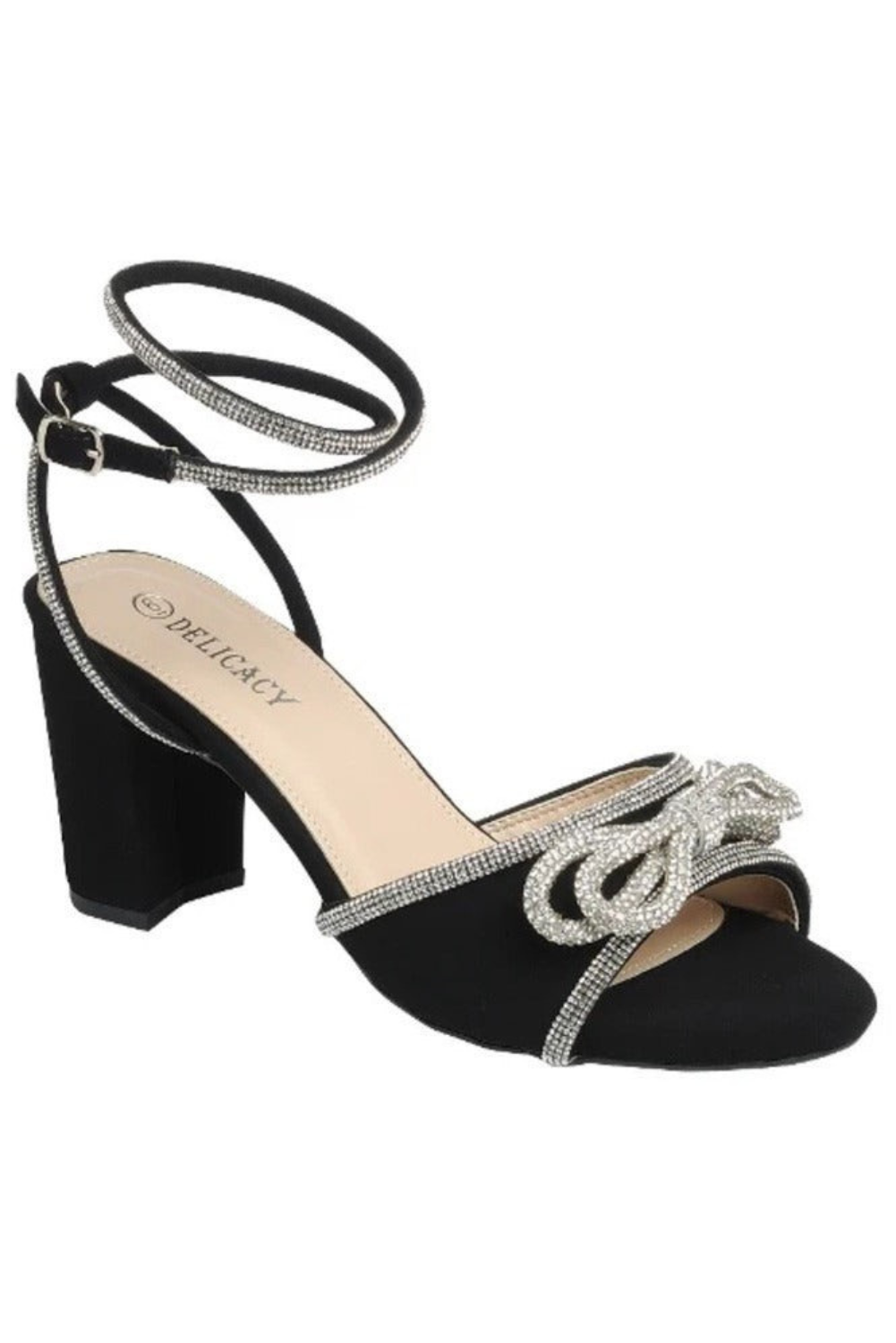 Rhinestone embellished bow lace-up block heels from RARA Boutique, featuring delicate design and comfortable heel height.