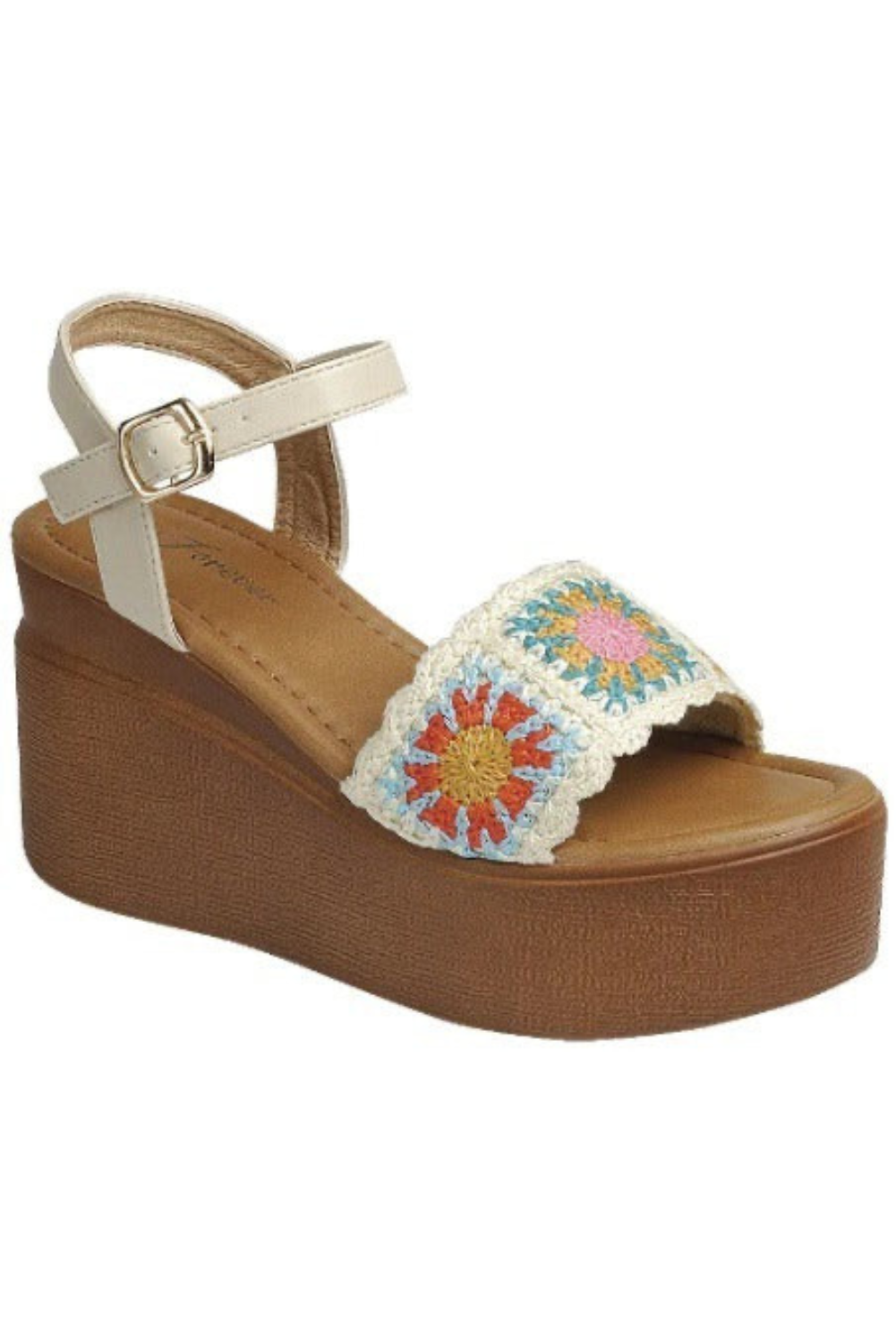 RARA Boutique Granny Square crochet wedge sandals with colorful woven straps and cork wedge heel, stylish and comfortable for summer.