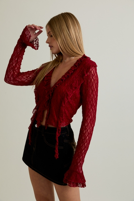 Ruffle Detail Lace V-Neck Top with Bell Sleeves - Le Lis - RARA Boutique