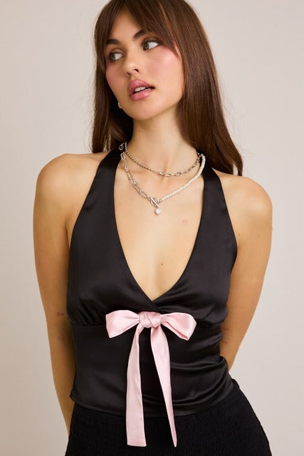 Contrast Bow Front Satin Halter Neck Top - Le Lis - RARA Boutique