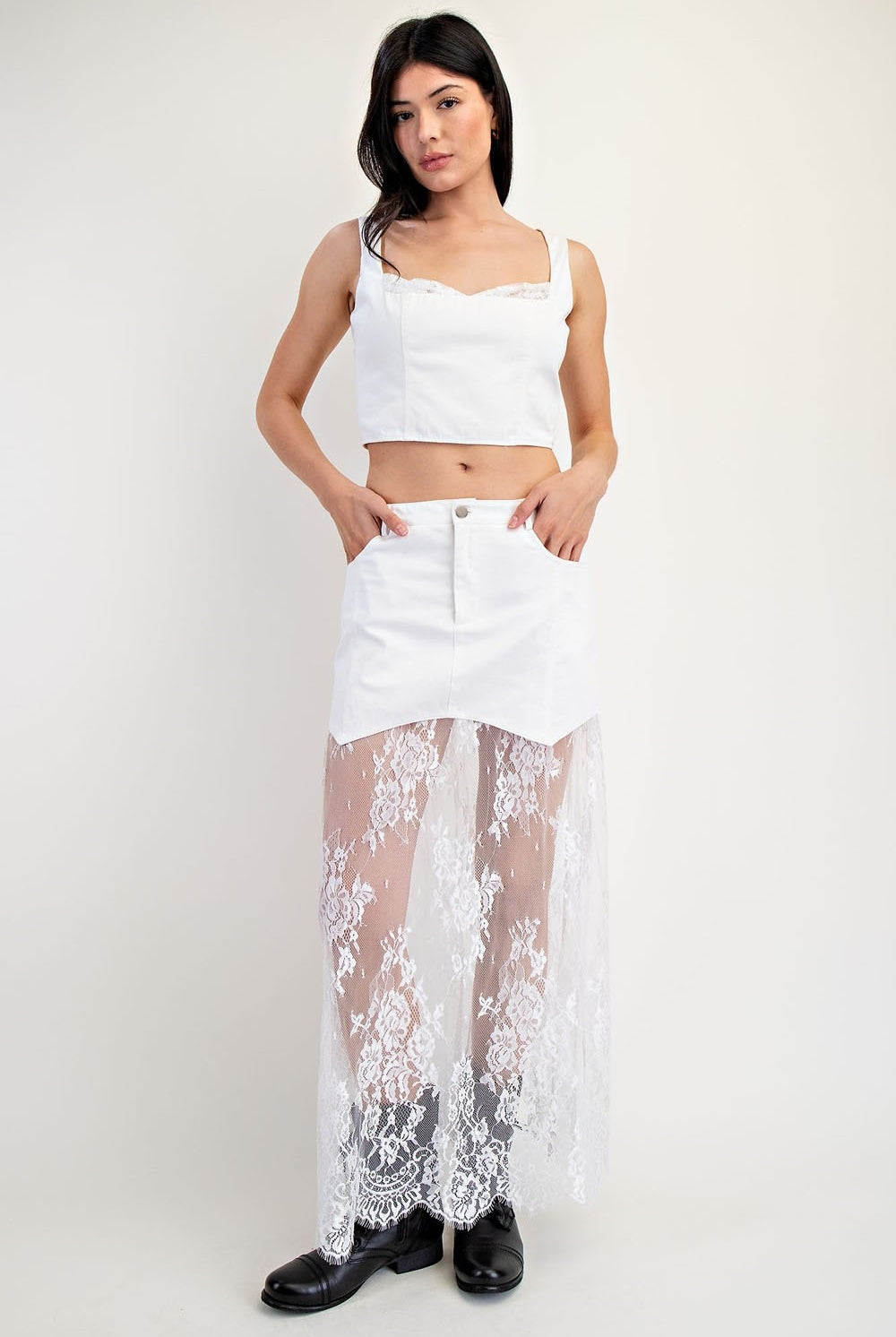 Layered denim and lace contrast midi skirt from Edit by Nine, featuring a stylish, layered design and feminine detailing.