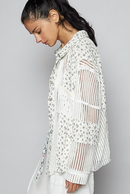 Floral Gauze Patch Crochet Button Down Shirt - POL - RARA Boutique