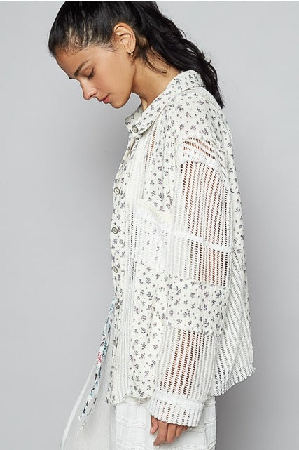 Floral Gauze Patch Crochet Button Down Shirt - POL - RARA Boutique