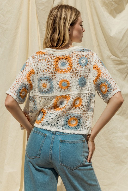 Short Sleeve Button Front Crochet Top - RARA Boutique 