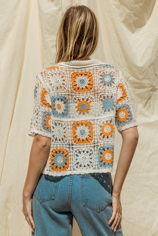 Short Sleeve Button Front Crochet Top - RARA Boutique 